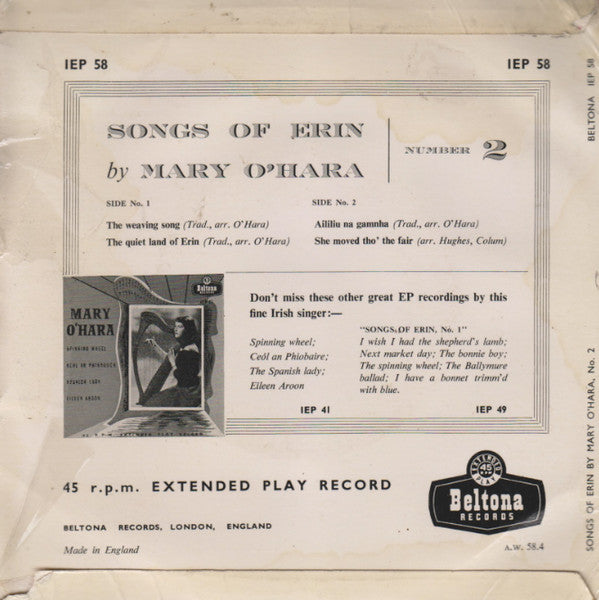 Mary O'Hara - Songs Of Erin No. * Vinyl Singles EP Vinyl Very Good (VG) <br> Hoes Good Plus (G+)