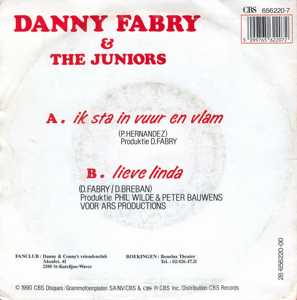 Danny Fabry & The Juniors – Ik Sta In Vuur En Vlam Vinyl Singles Vinyl Very Good (VG) <br> Hoes Good Plus (G+)