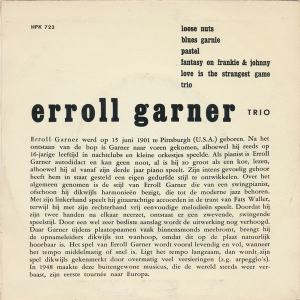 Erroll Garner Trio - Erroll Garner Vinyl Singles Vinyl Very Good (VG) <br> Hoes Good Plus (G+)