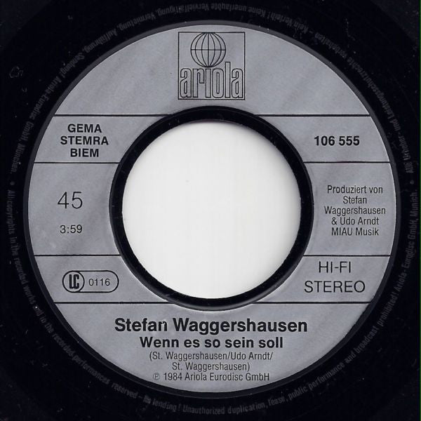 Stefan Waggershausen - Mitten Ins Herz Vinyl Singles Vinyl Very Good (VG) <br> Hoes Good Plus (G+)
