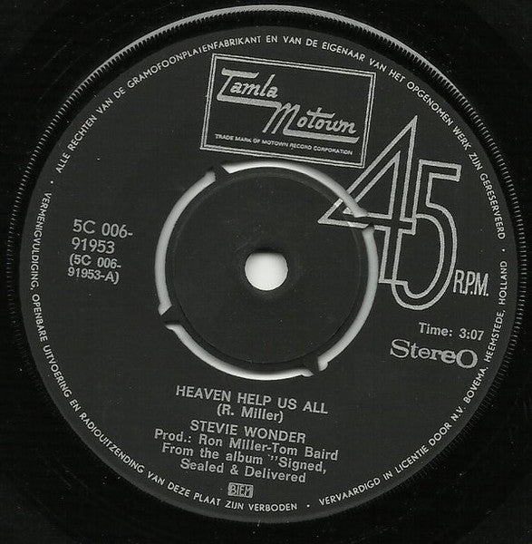Stevie Wonder - Heaven Help Us All Vinyl Singles Vinyl Very Good (VG) <br> Hoes Good Plus (G+)