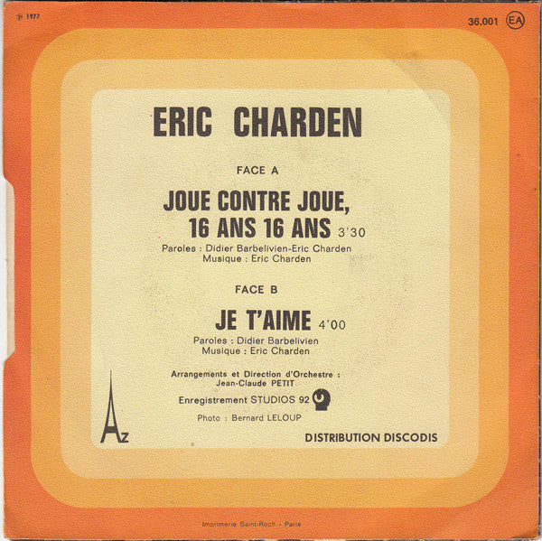 Eric Charden - Joue Contre Joue ** Ans, ** Ans Vinyl Singles Vinyl Very Good (VG) <br> Hoes Good Plus (G+)