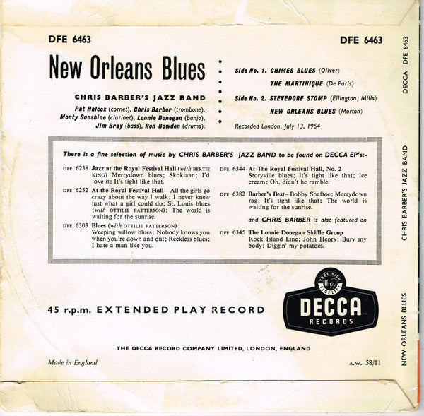 Chris Barber's Jazz Band - New Orleans Blues Vinyl Singles Vinyl (VG) <br> Hoes (G+)