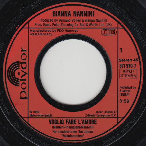 Gianna Nannini - Voglio Fare L'amore Vinyl Singles