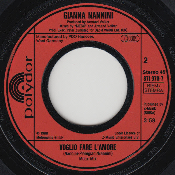 Gianna Nannini - Voglio Fare L'amore Vinyl Singles Vinyl Very Good (VG) <br> Hoes Good Plus (G+)