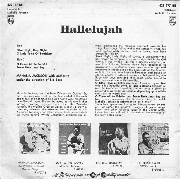 Mahalia Jackson - Hallelujah Vinyl Singles Vinyl Very Good (VG) <br> Hoes Good Plus (G+)