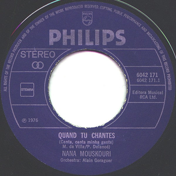 Nana Mouskouri - Quand Tu Chantes Vinyl Singles Vinyl Very Good (VG) <br> Hoes Good Plus (G+)