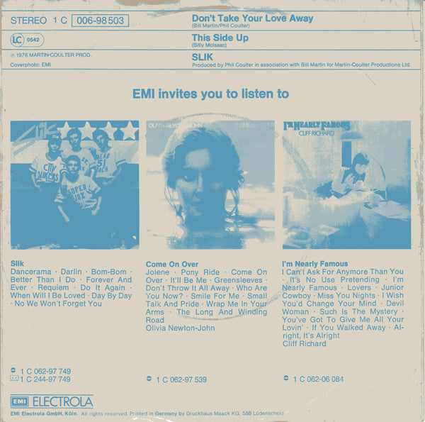 Slik - Don't Take Your Love Away Vinyl Singles Vinyl Very Good (VG) <br> Hoes Good Plus (G+)