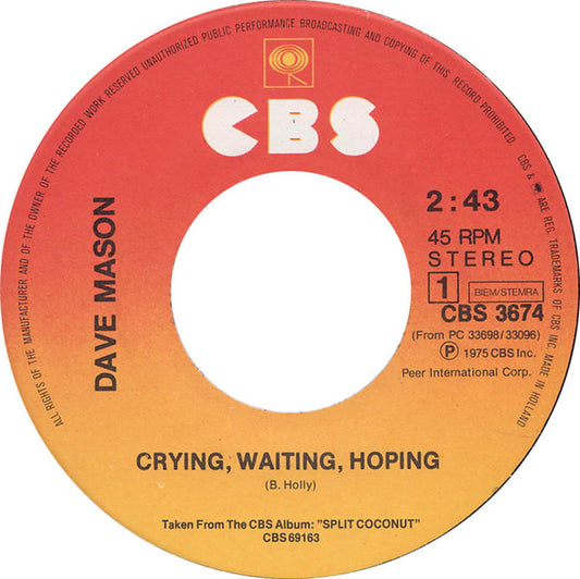 Dave Mason - Crying Waiting Hoping Vinyl Singles Media VG+ \ Sleeve G+