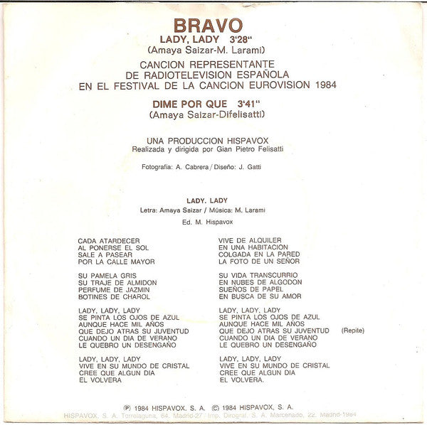 Bravo - Lady Lady Vinyl Singles Vinyl Very Good (VG) <br> Hoes Good Plus (G+)