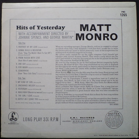 Matt Monro - Hits Of Yesterday (LP) (B-Keus) Vinyl LP Vinyl Zeer Goed / Hoesje Goed "VINYLSINGLES.NL"