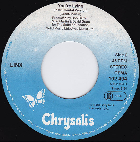 Linx - You're Lying (Part * & *) Vinyl Singles Vinyl Very Good (VG) <br> Hoes Good Plus (G+)