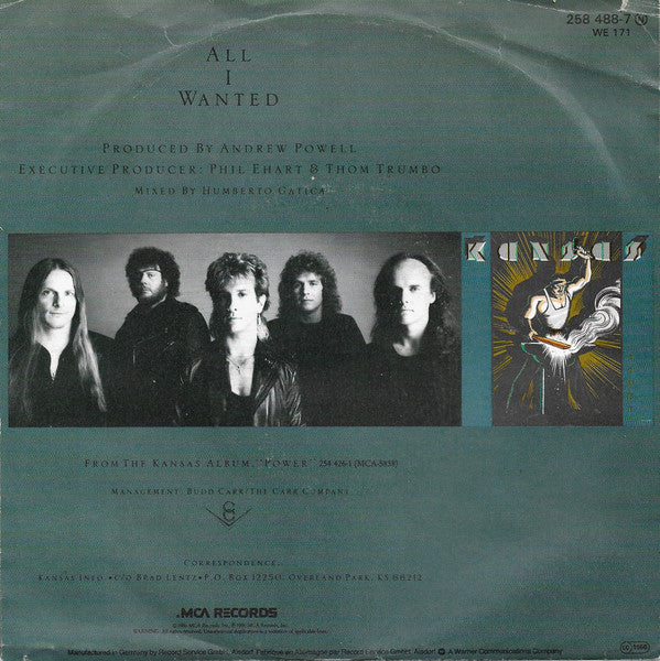 Kansas - All I Wanted Vinyl Singles Vinyl Very Good (VG) <br> Hoes Good Plus (G+)