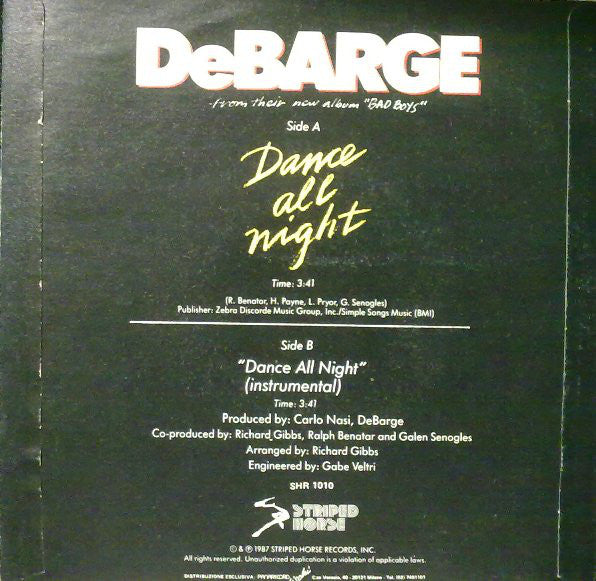 DeBarge - Dance All Night Vinyl Singles Vinyl Very Good (VG) <br> Hoes Good Plus (G+)