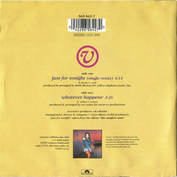 Vanessa Williams - Just For Tonight Vinyl Singles Vinyl Very Good (VG) <br> Hoes Good Plus (G+)