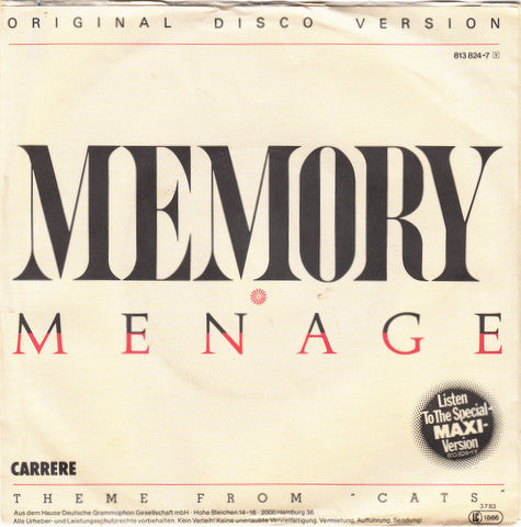 Menage - Memory Vinyl Singles Vinyl Very Good (VG) <br> Hoes Good Plus (G+)