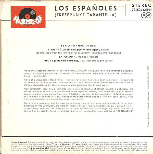 Los Españoles - Sevilla Mambo Vinyl Singles EP Vinyl Very Good (VG) <br> Hoes Good Plus (G+)