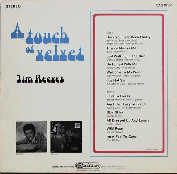 Jim Reeves - A Touch Of Velvet (LP) Vinyl LP Vinyl Very Good (VG) <br> Hoes Good Plus (G+)