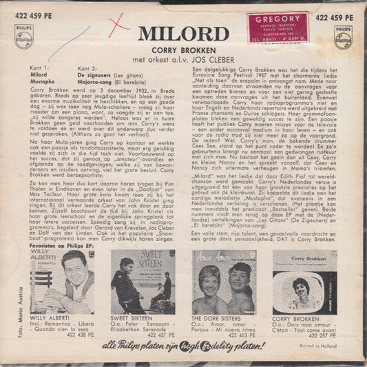 Corry Brokken - Milord Vinyl Singles EP Vinyl Zeer Goed / Hoesje Goed "VINYLSINGLES.NL"