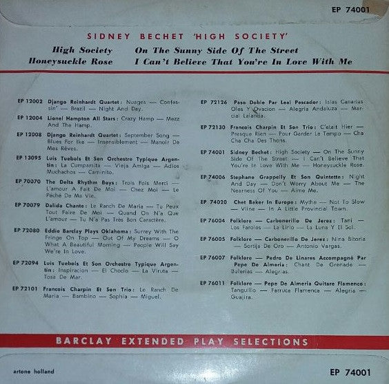 Sidney Bechet - High Society Vinyl Singles EP Vinyl Very Good (VG) <br> Hoes Good Plus (G+)
