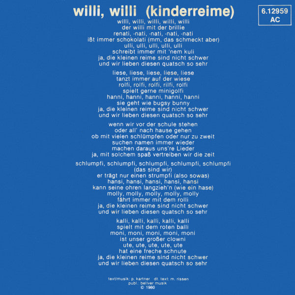 Schlumpfe - Willi Willi Vinyl Singles Vinyl Very Good (VG) <br> Hoes Good Plus (G+)