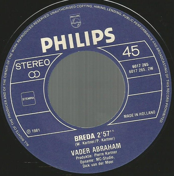 Vader Abraham - In Het Zuiden 30015 Vinyl Singles Vinyl Very Good (VG) <br> Hoes Good Plus (G+)
