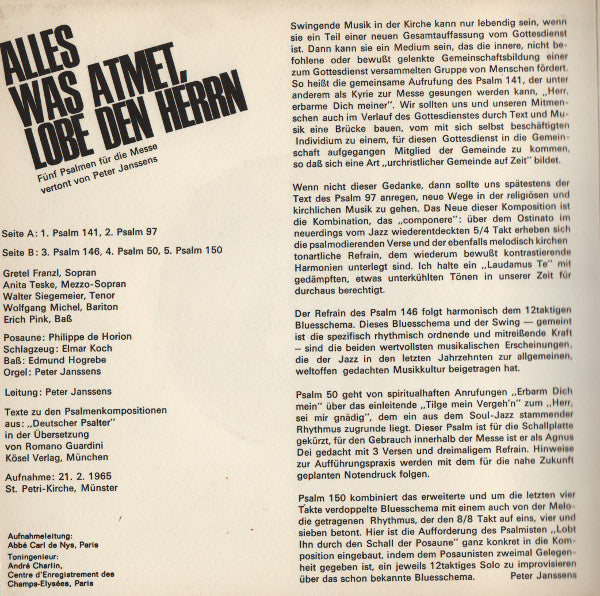 Various - Alles Was Atmet, Lobe Den Herrn (EP Vinyl Singles EP Vinyl Very Good (VG) <br> Hoes Good Plus (G+)