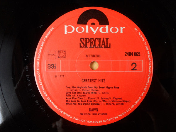 Dawn Featuring Tony Orlando - Greatest Hits (LP) Vinyl LP Vinyl Very Good (VG) <br> Hoes Good Plus (G+)