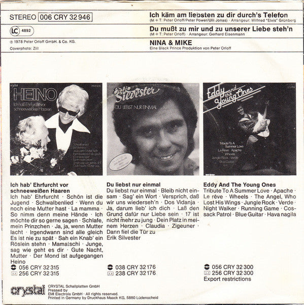 Nina & Mike - Ich Käm Am Liebsten Zu Dir Durch's Telefon Vinyl Singles Vinyl Very Good (VG) <br> Hoes Good Plus (G+)