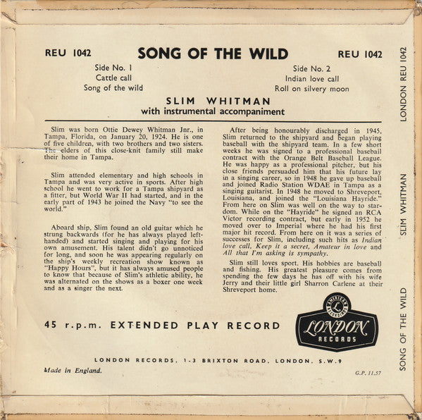 Slim Whitman - Song Of The Wild Vinyl Singles EP Vinyl Very Good (VG) <br> Hoes Good Plus (G+)