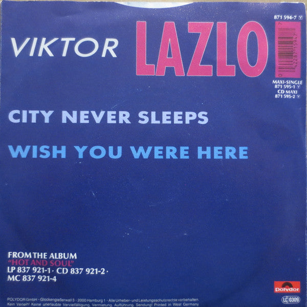 Viktor Lazlo - City Never Sleeps Vinyl Singles Vinyl Very Good (VG) <br> Hoes Good Plus (G+)