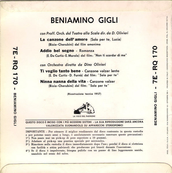 Beniamino Gigli - La Canzone Dell'Amore Vinyl Singles EP Vinyl Very Good (VG) <br> Hoes Good Plus (G+)