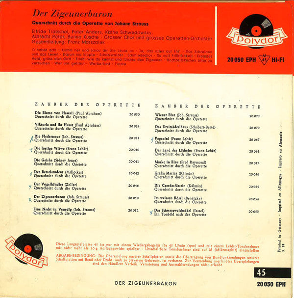 Johann Strauss - Der Zigeunerbaron Vinyl Singles EP Vinyl Very Good (VG) <br> Hoes Good Plus (G+)