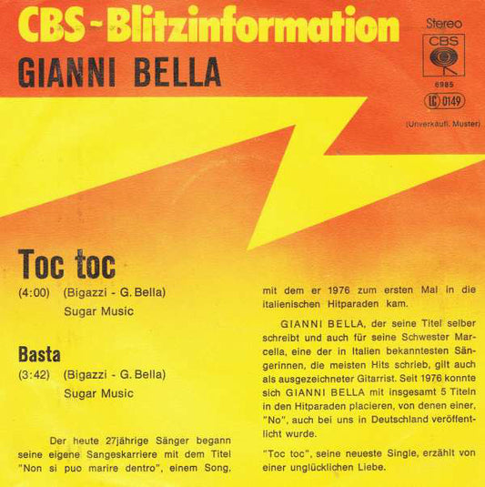 Gianni Bella - Toc Toc Vinyl Singles Vinyl Zeer Goed / Hoesje Goed "VINYLSINGLES.NL"