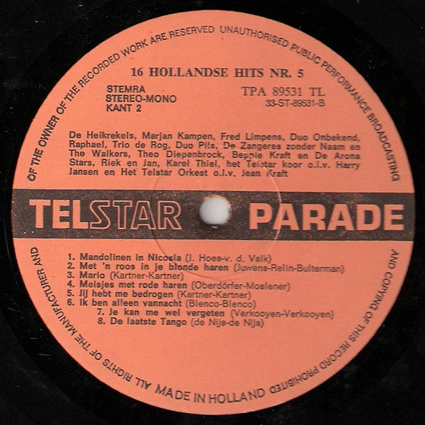 Various - 16 Hollandse Hits 5 (LP) 49126 Vinyl LP Vinyl Very Good (VG) <br> Hoes Good Plus (G+)