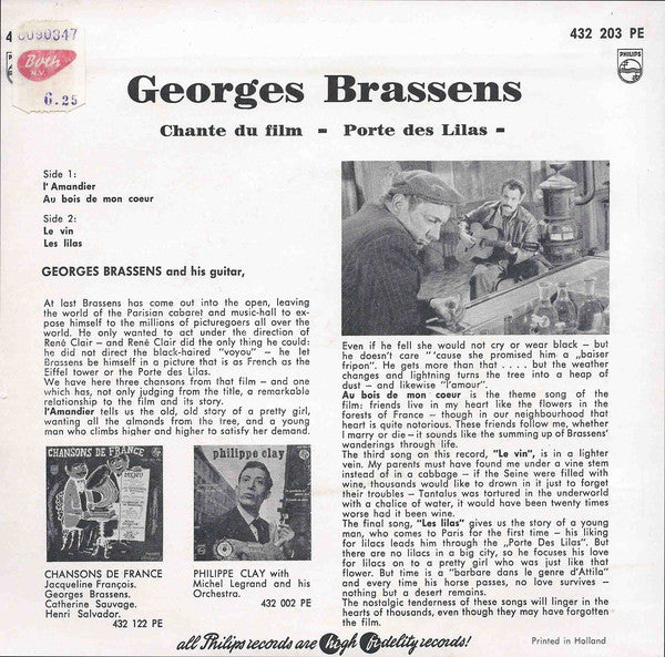 Georges Brassens - Georges Brassens Chante Du Film La Porte Des Lilas Vinyl Singles EP Vinyl Very Good (VG) <br> Hoes Good Plus (G+)