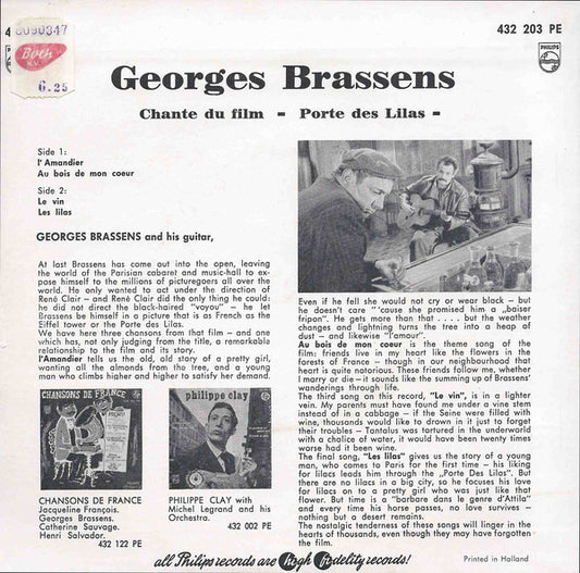 Georges Brassens - Georges Brassens Chante Du Film La Porte Des Lilas Vinyl Singles EP Media: VG+ / Sleeve: G+ "VINYLSINGLES.NL"
