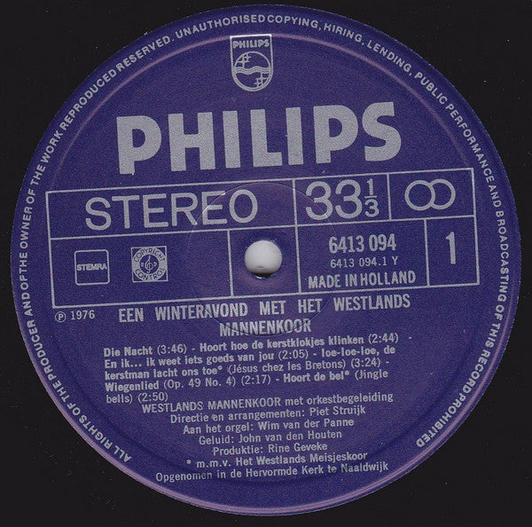 Westlands Mannenkoor - Een Winteravond Met Het Westlands Mannenkoor (LP) Vinyl LP Vinyl Very Good (VG) <br> Hoes Good Plus (G+)