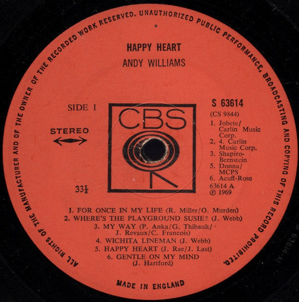 Andy Williams - Happy Heart (LP) Vinyl LP
