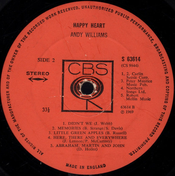 Andy Williams - Happy Heart (LP) Vinyl LP