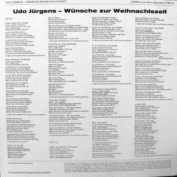 Udo Jurgens - Wünsche Zur Weihnachtszeit (LP) Vinyl LP Vinyl Very Good (VG) <br> Hoes Good Plus (G+)