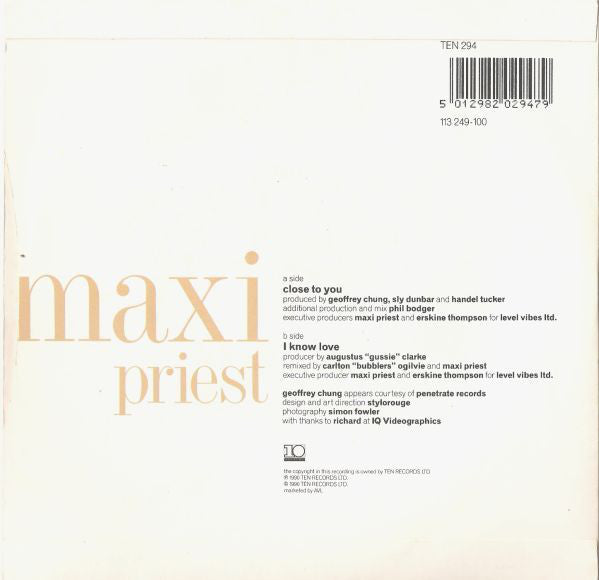 Maxi Priest - Close To You Vinyl Singles Vinyl Very Good (VG) <br> Hoes Good Plus (G+)