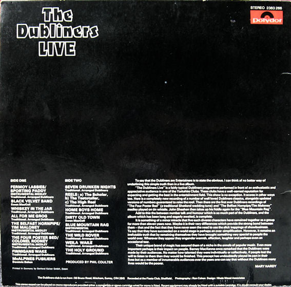 Dubliners - The Dubliners Live (LP) Vinyl LP Vinyl Very Good (VG) <br> Hoes Good Plus (G+)