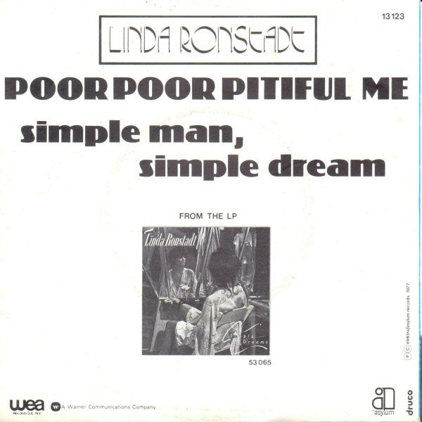 Linda Ronstadt - Poor Poor Pitiful Me Vinyl Singles Vinyl Very Good (VG) <br> Hoes Good Plus (G+)
