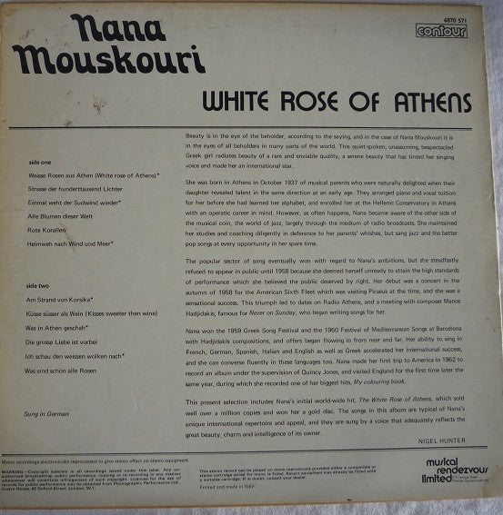 Nana Mouskouri - White Rose Of Athens (LP) Vinyl LP Vinyl Very Good (VG) <br> Hoes Good Plus (G+)