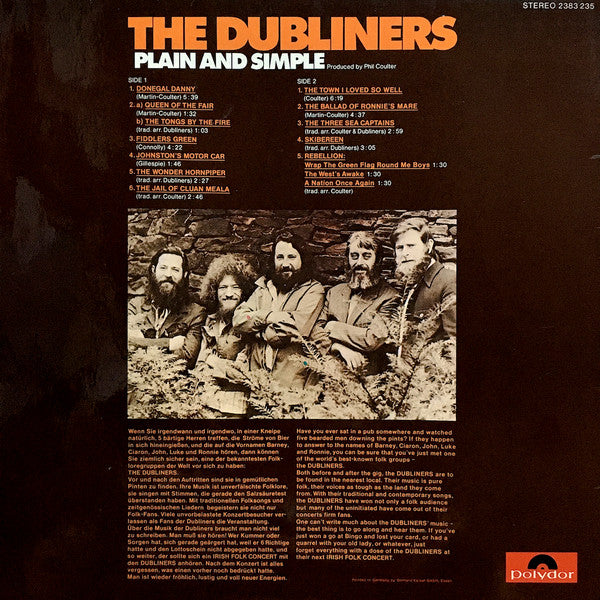 Dubliners - Plain And Simple (LP) Vinyl LP Vinyl Very Good (VG) <br> Hoes Good Plus (G+)