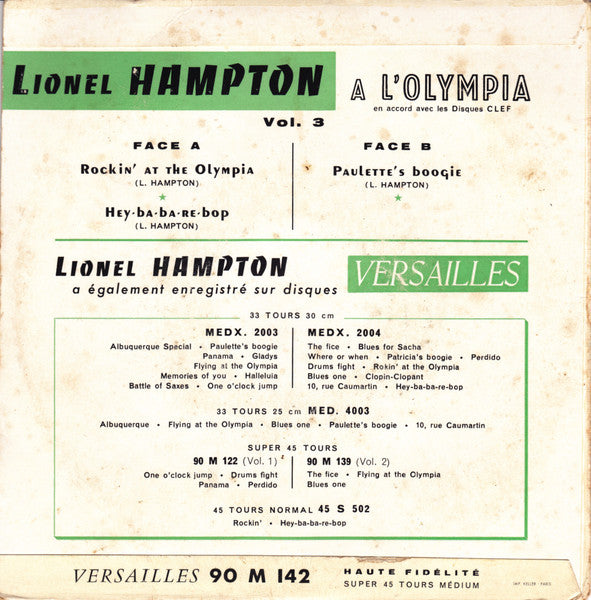 Lionel Hampton - A L'Olympia Vol. 3 Vinyl Singles EP Vinyl Very Good (VG) <br> Hoes Good Plus (G+)