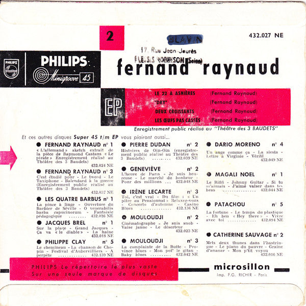 Fernand Raynaud - * - Le ** A Asnières Vinyl Singles EP Vinyl Very Good (VG) <br> Hoes Good Plus (G+)