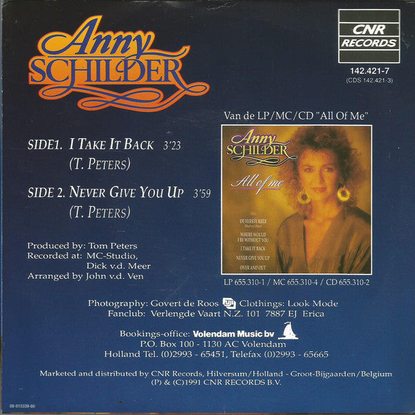 Anny Schilder - I Take It Back Vinyl Singles Vinyl Very Good (VG) <br> Hoes Good Plus (G+)