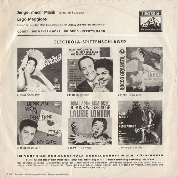 Conny, Die Hansen Boys Und -Girls, Ferdy's Band - Lago Maggiore Vinyl Singles Vinyl Very Good (VG) <br> Hoes Good Plus (G+)